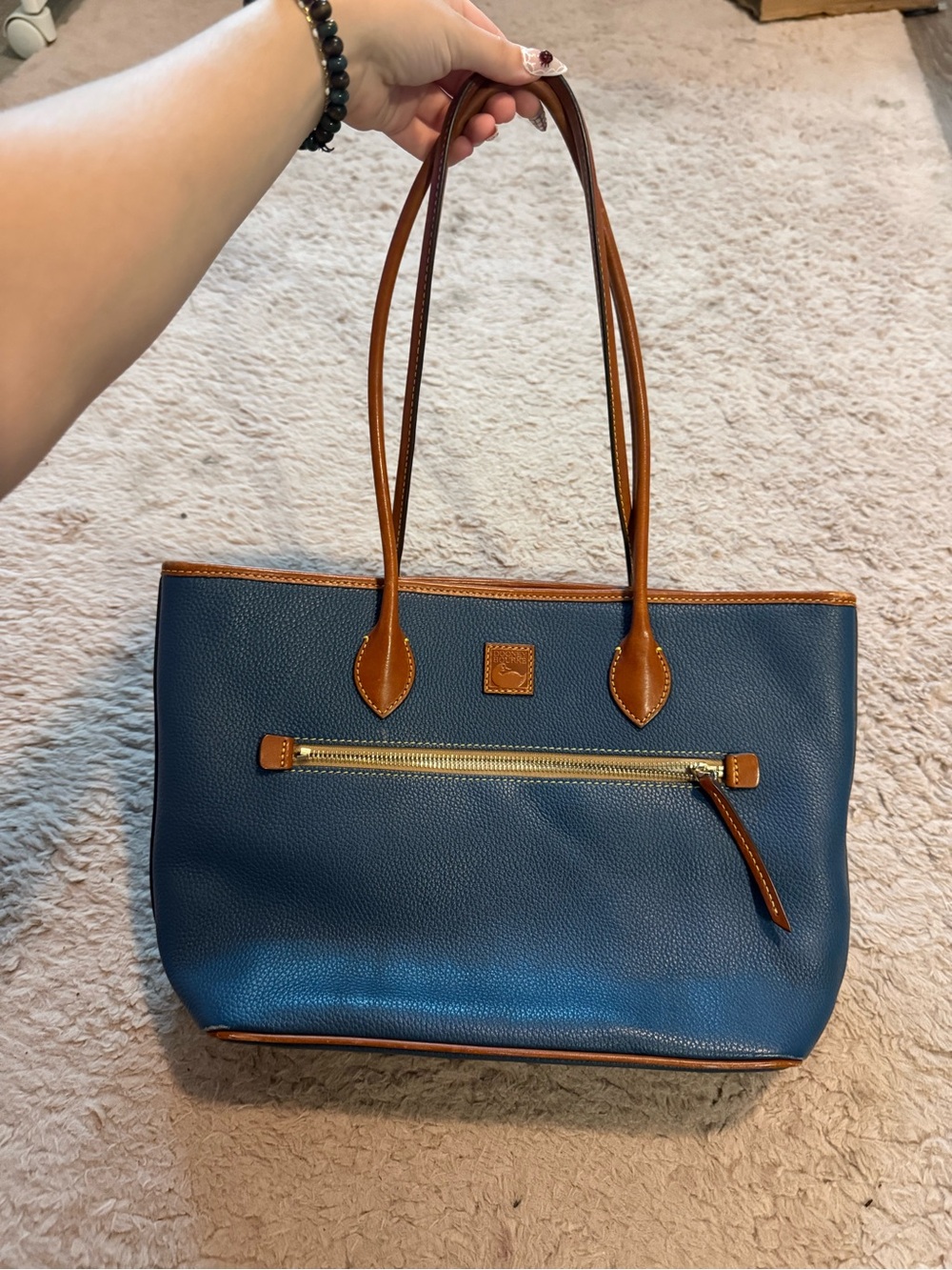 Dooney & Bourke Navy Leather Tote with Brown Trim and Zip